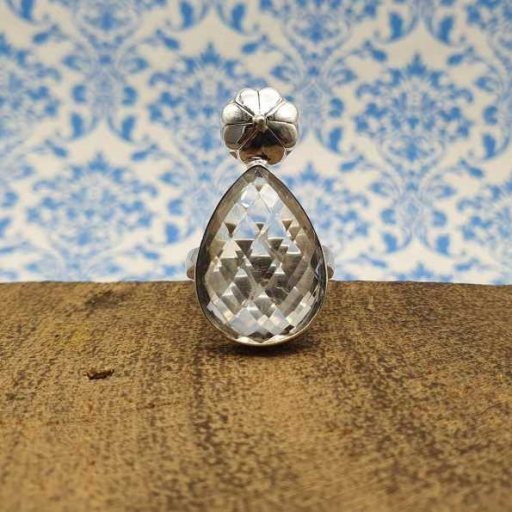 Drop Shape Faceted Crystal Gemstone 925 Sterling Silver Handmade Ring